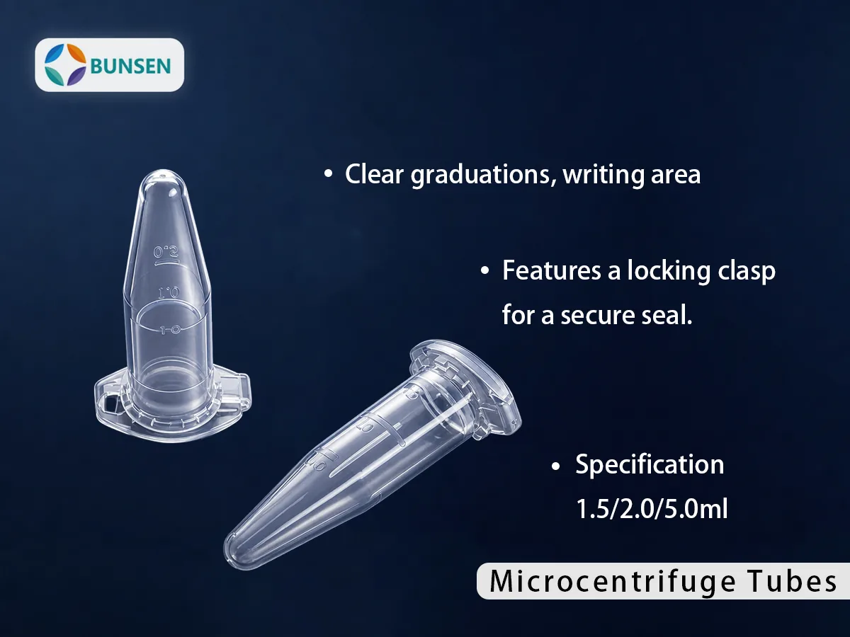 1.5 mL, 2.0 mL and 5.0 mL microcentrifuge tubes, conical bottom, clear graduations, writing area and hinged locking-clasp cap, 25,000 x g, BUNSEN